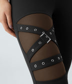 High Waisted Crossover Contrast Mesh Decorative Buckle Yoga Leggings — Black — view 5