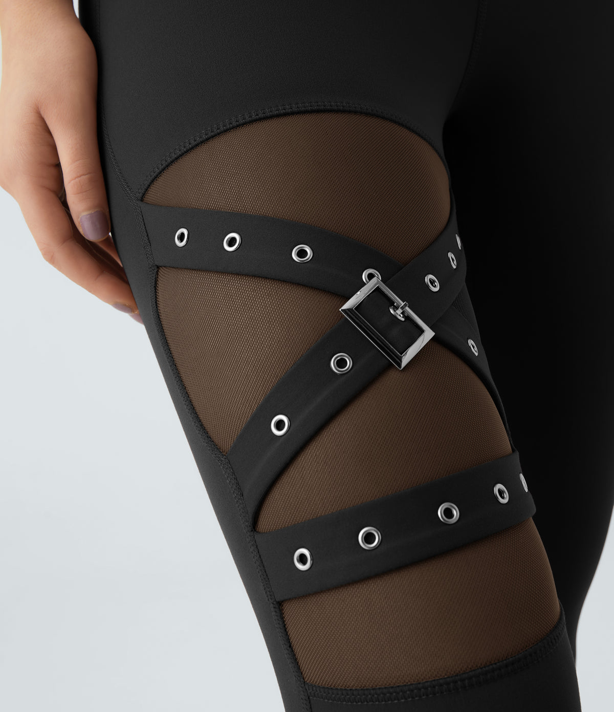 High Waisted Crossover Contrast Mesh Decorative Buckle Yoga Leggings — Black — view 5
