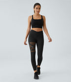 High Waisted Crossover Contrast Mesh Decorative Buckle Yoga Leggings — Black — view 6