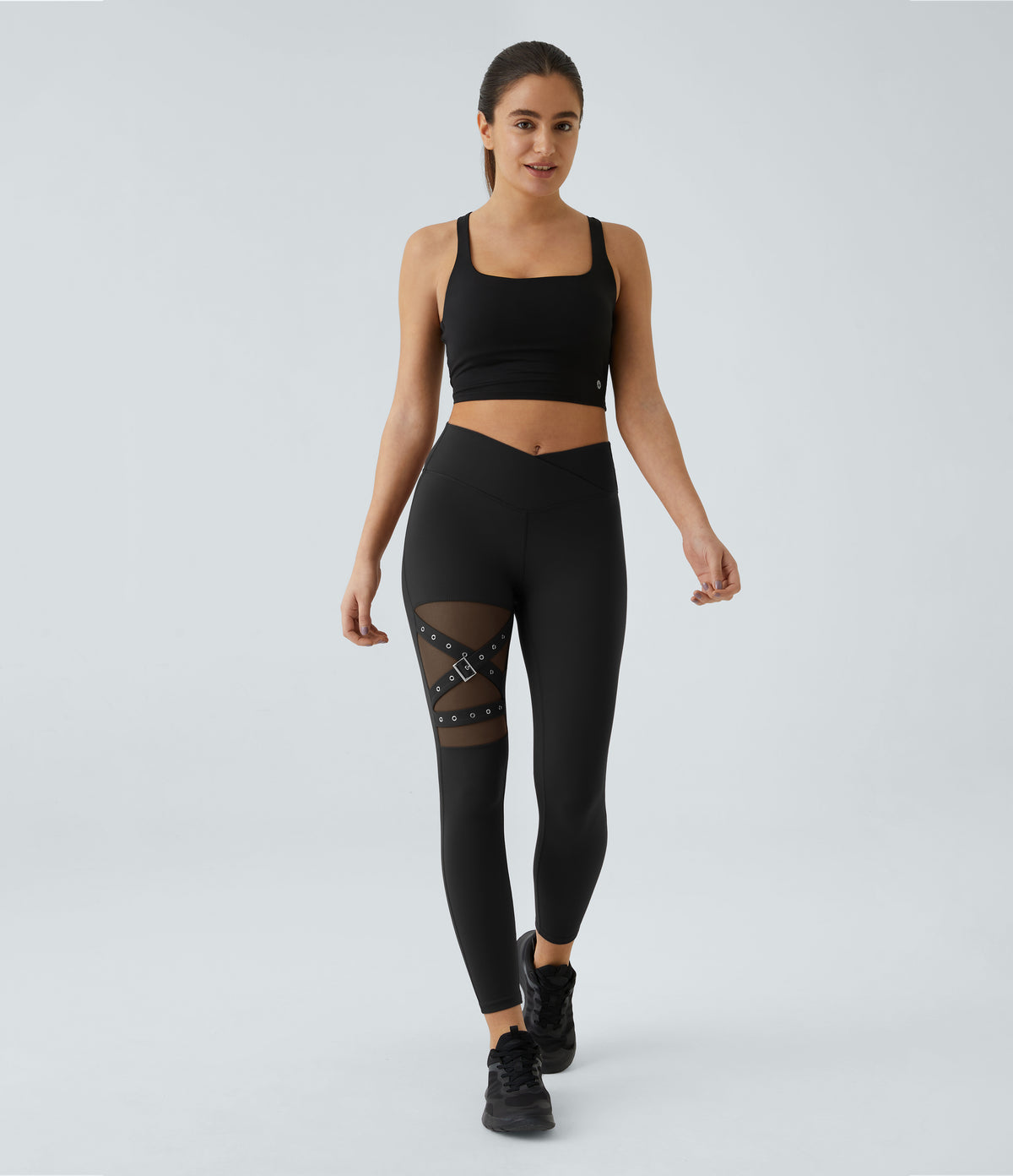 High Waisted Crossover Contrast Mesh Decorative Buckle Yoga Leggings — Black — view 6