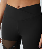High Waisted Crossover Contrast Mesh Decorative Buckle Yoga Leggings — Black — view 4