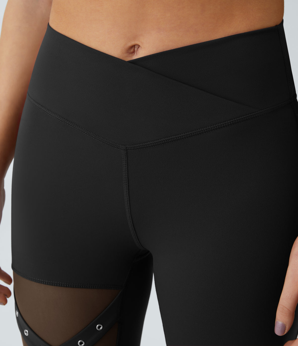 High Waisted Crossover Contrast Mesh Decorative Buckle Yoga Leggings — Black — view 4