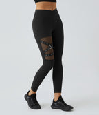 High Waisted Crossover Contrast Mesh Decorative Buckle Yoga Leggings — Black — view 3