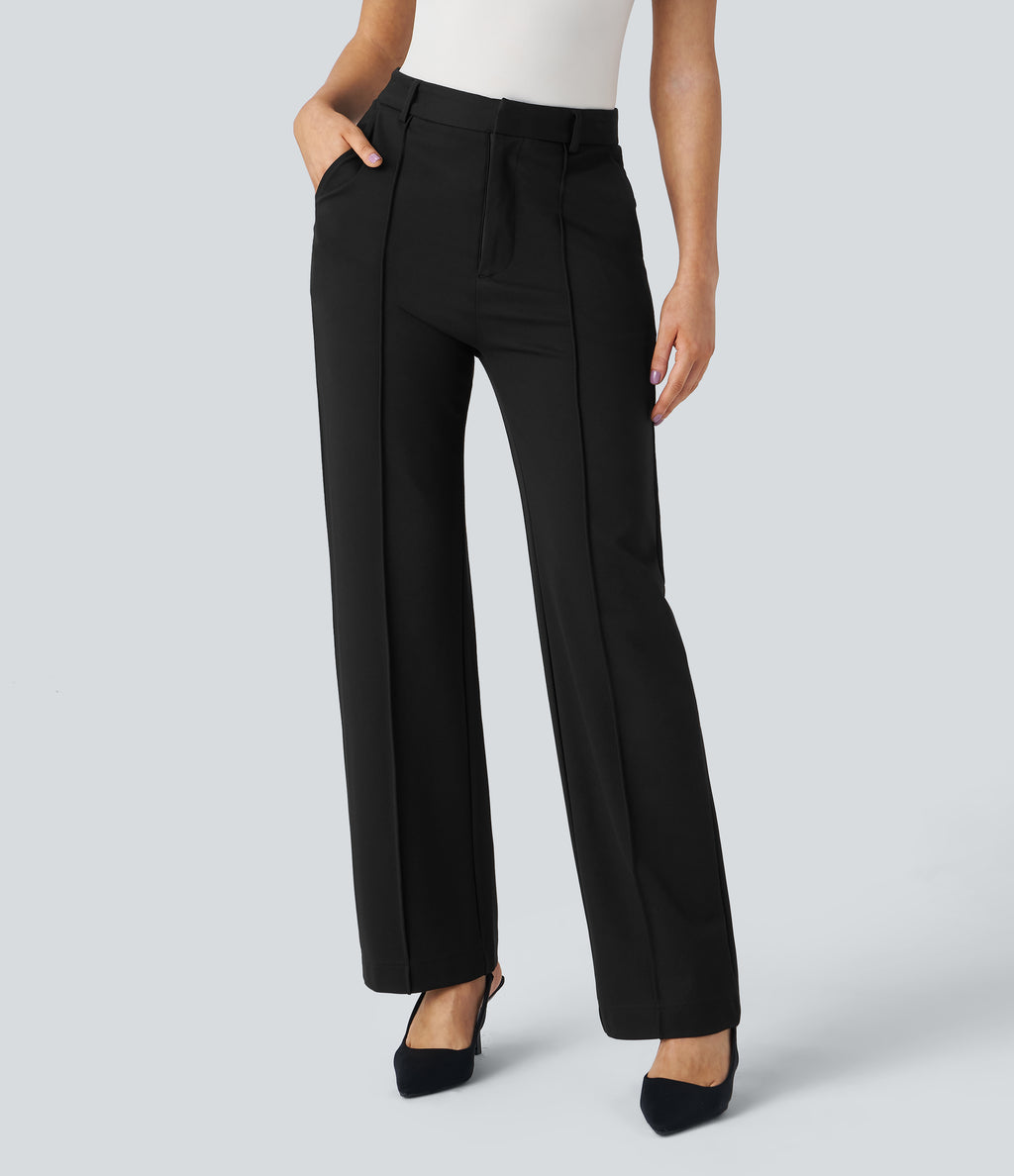 High Waisted Zipper Pocket Straight Leg Work Pants — Black — view 4