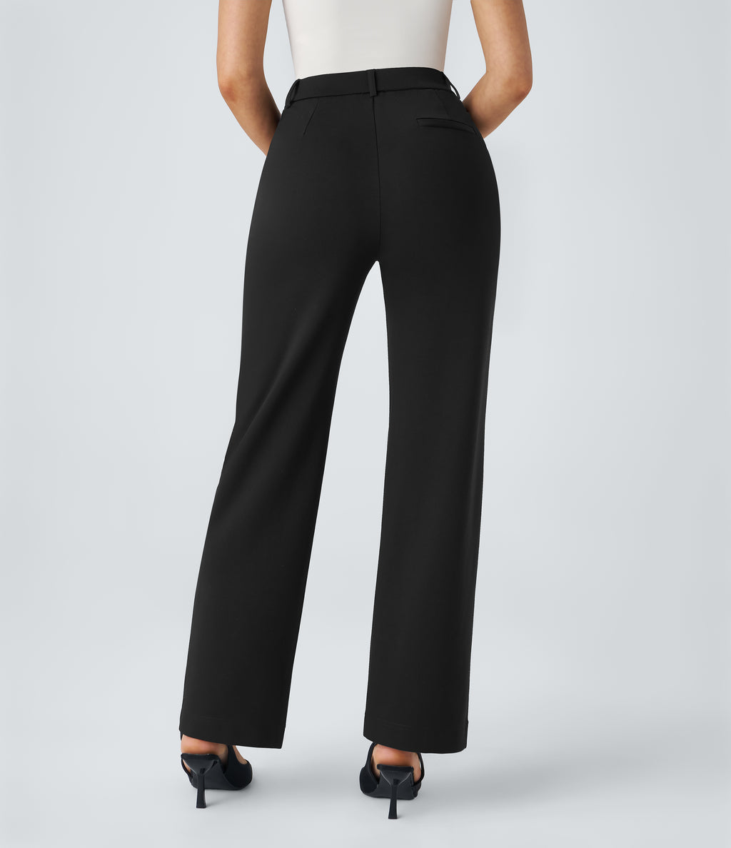 High Waisted Zipper Pocket Straight Leg Work Pants — Black — view 2