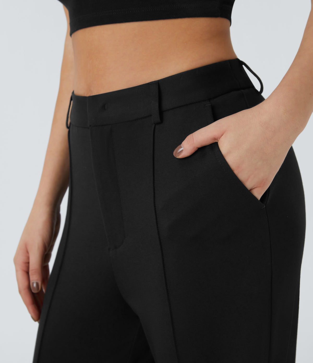 High Waisted Zipper Pocket Straight Leg Work Pants — Black — view 5