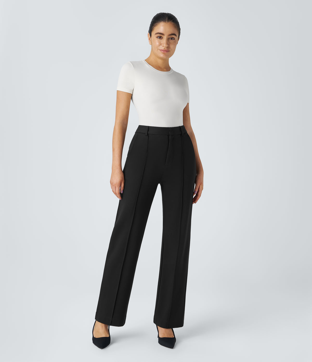 High Waisted Zipper Pocket Straight Leg Work Pants — Black — view 7