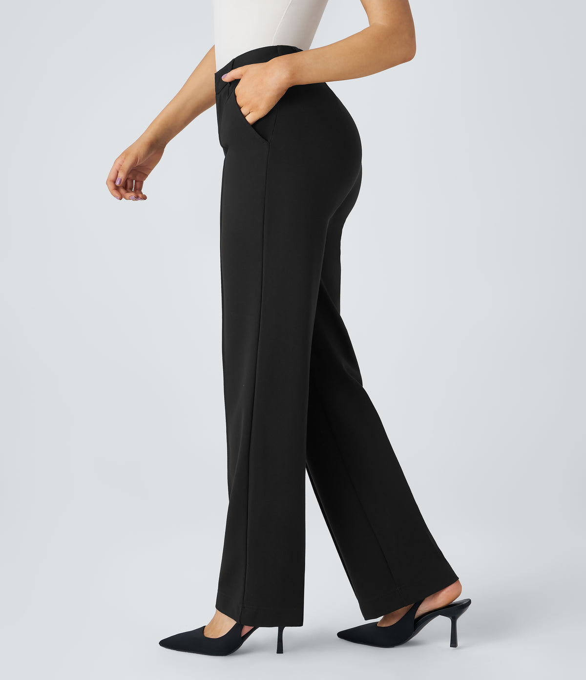 High Waisted Zipper Pocket Straight Leg Work Pants — Black — view 3