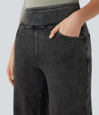 Denim Heat High Waisted Pockets Wide Leg Casual Jeans — Gloomy Black Denim — view 4