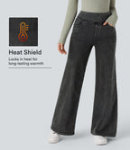 Denim Heat High Waisted Pockets Wide Leg Casual Jeans — Gloomy Black Denim — view 1