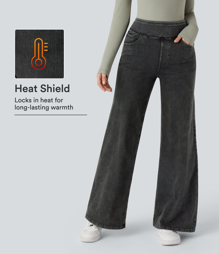 Denim Heat High Waisted Pockets Wide Leg Casual Jeans — Gloomy Black Denim — view 1