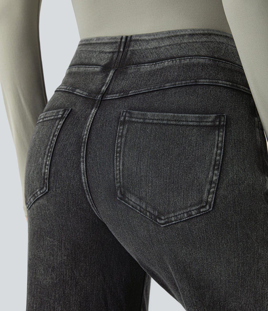 Denim Heat High Waisted Pockets Wide Leg Casual Jeans — Gloomy Black Denim — view 5