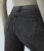 Denim Heat High Waisted Pockets Wide Leg Casual Jeans — Gloomy Black Denim — view 5