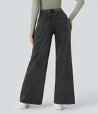 Denim Heat High Waisted Pockets Wide Leg Casual Jeans — Gloomy Black Denim — view 2