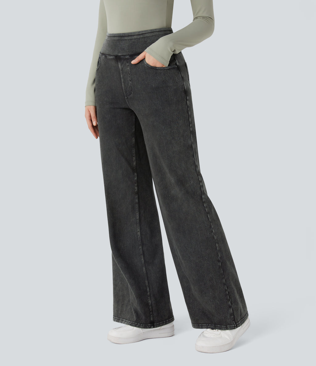 Denim Heat High Waisted Pockets Wide Leg Casual Jeans — Gloomy Black Denim — view 3