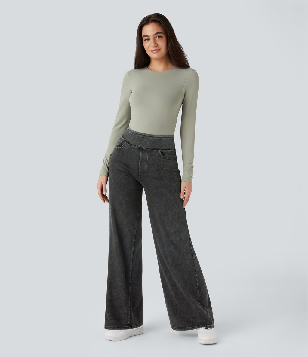 Denim Heat High Waisted Pockets Wide Leg Casual Jeans — Gloomy Black Denim — view 6
