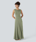 Round Neck Button Sleeveless Flare Maxi Casual Dress — Light Green Floral Yarn — view 6