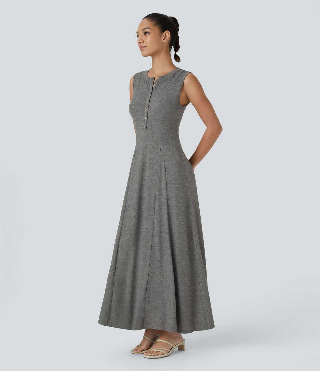 Round Neck Button Sleeveless Flare Maxi Casual Dress — Darl Gray Floral Yarn — view 3
