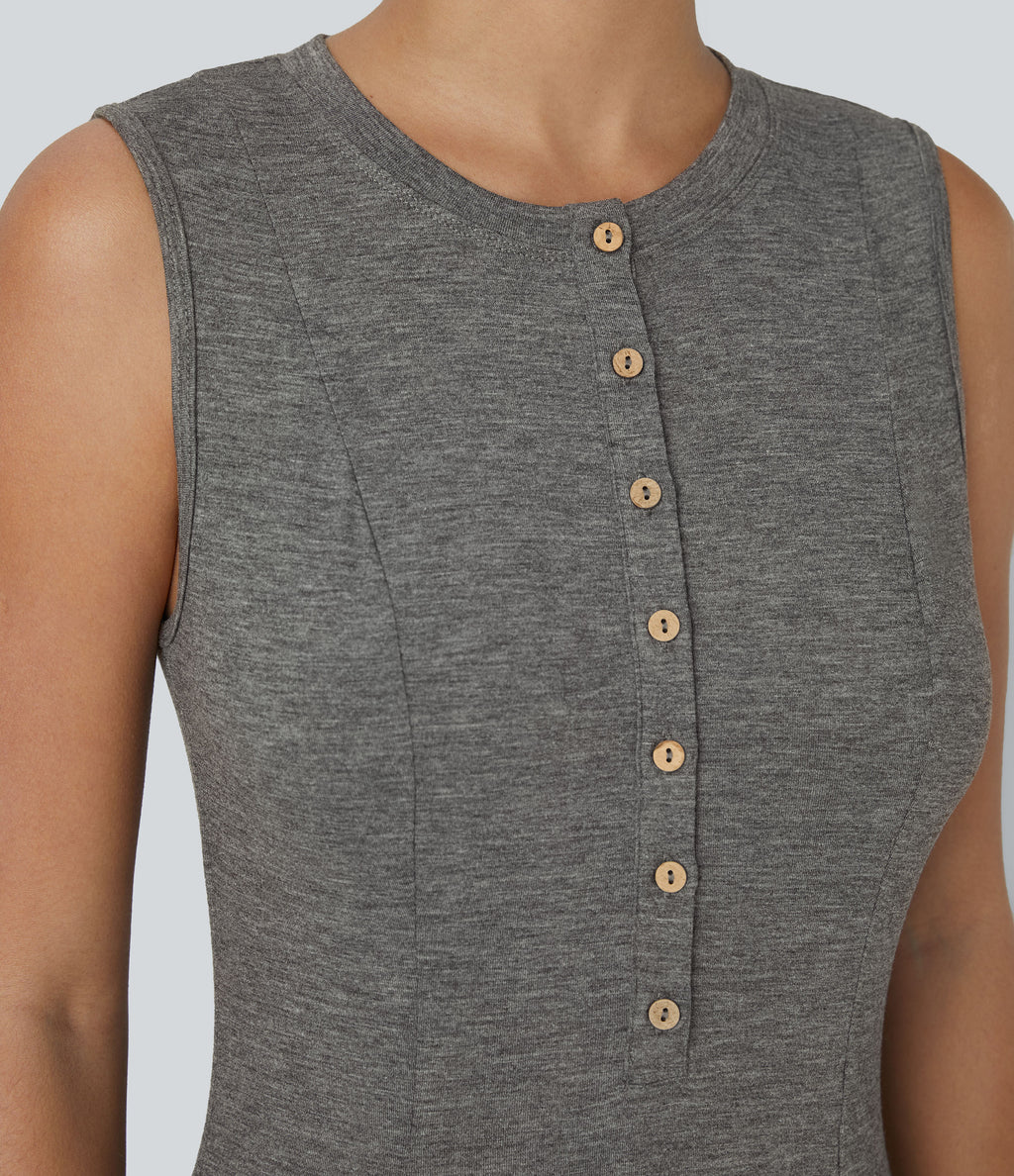 Round Neck Button Sleeveless Flare Maxi Casual Dress — Darl Gray Floral Yarn — view 4