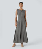 Round Neck Button Sleeveless Flare Maxi Casual Dress — Darl Gray Floral Yarn — view 1