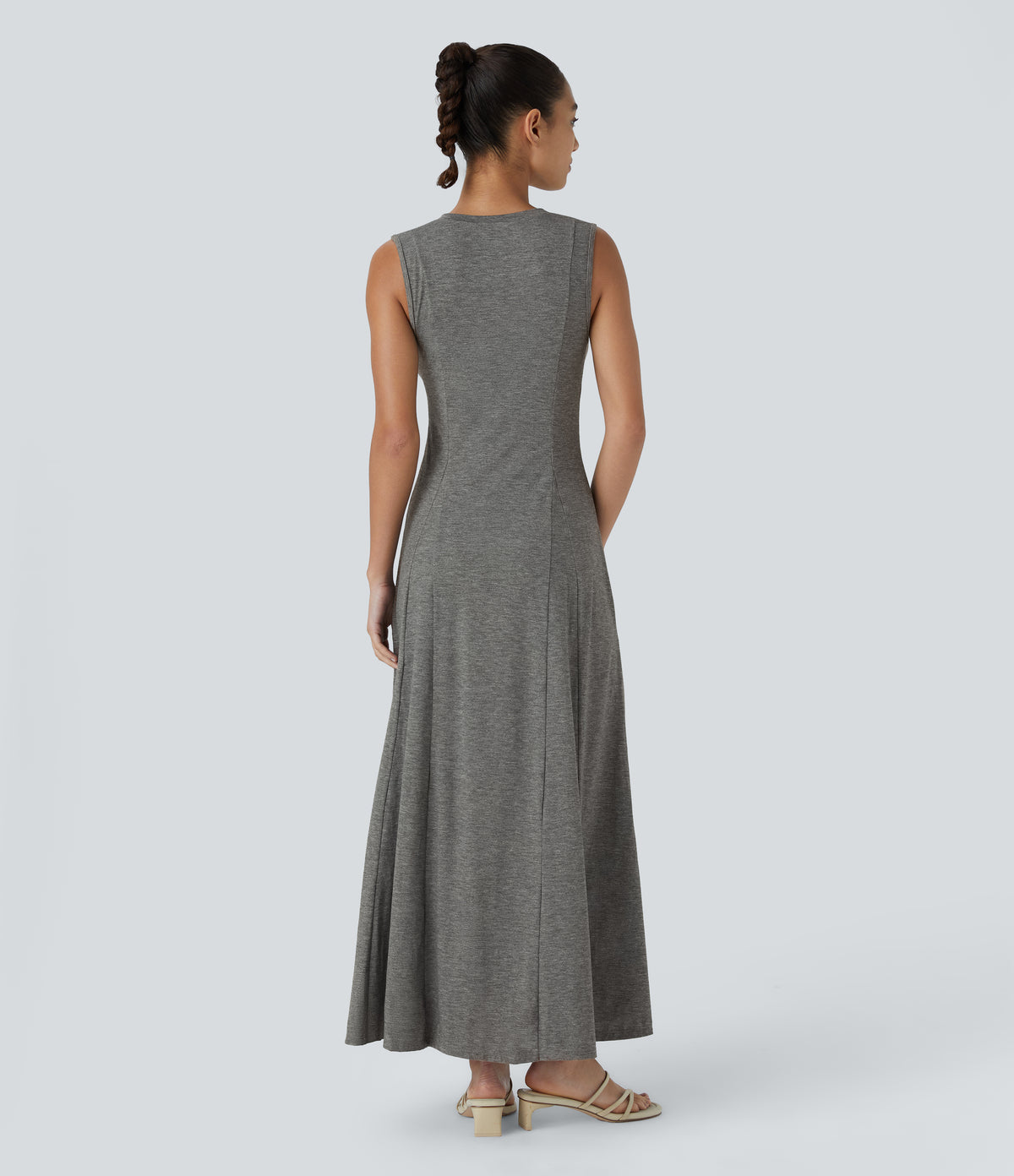 Round Neck Button Sleeveless Flare Maxi Casual Dress — Darl Gray Floral Yarn — view 2