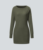 Boat Neck Raglan Sleeve Thumb Hole Split Hem Waffle Casual Sweatshirt Dress — Kalamata — view 8