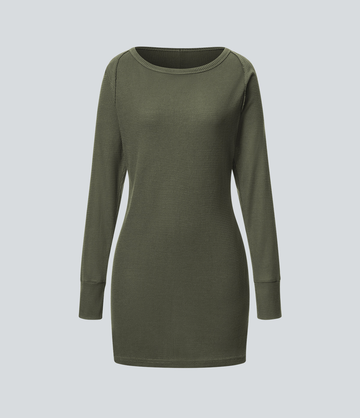 Boat Neck Raglan Sleeve Thumb Hole Split Hem Waffle Casual Sweatshirt Dress — Kalamata — view 8