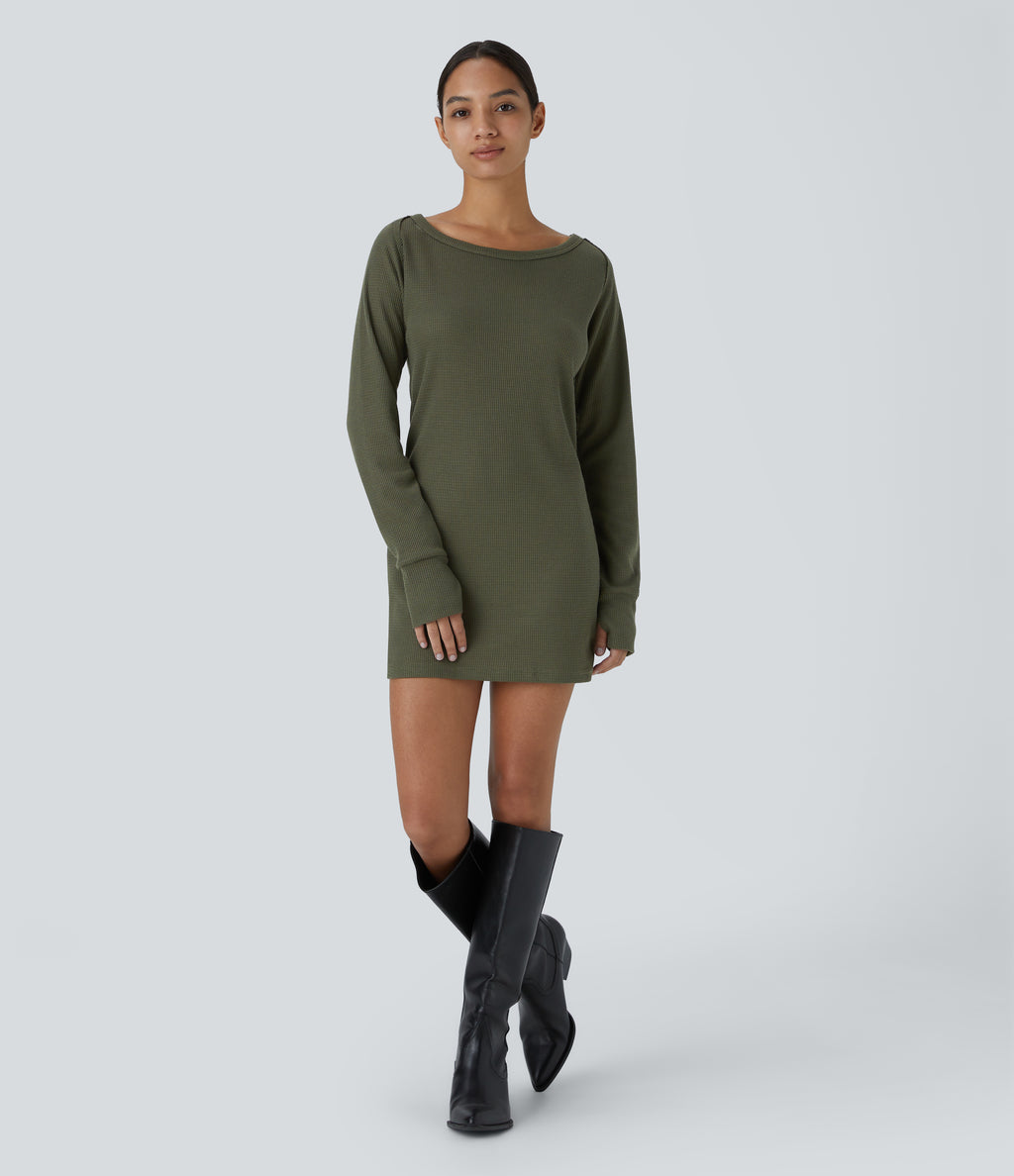 Boat Neck Raglan Sleeve Thumb Hole Split Hem Waffle Casual Sweatshirt Dress — Kalamata — view 7