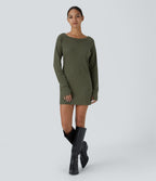 Boat Neck Raglan Sleeve Thumb Hole Split Hem Waffle Casual Sweatshirt Dress — Kalamata — view 7