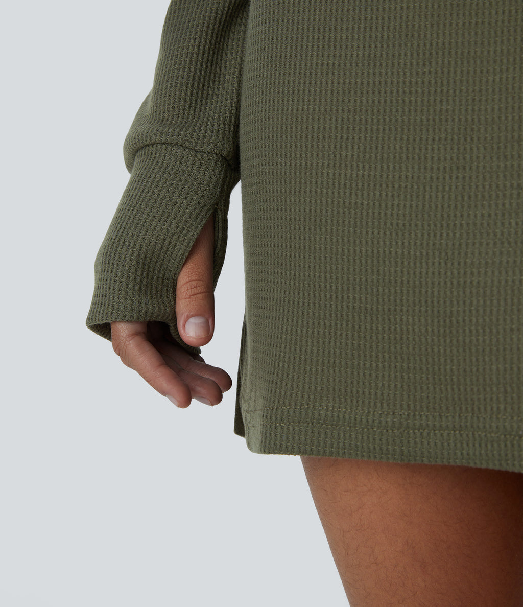 Boat Neck Raglan Sleeve Thumb Hole Split Hem Waffle Casual Sweatshirt Dress — Kalamata — view 6