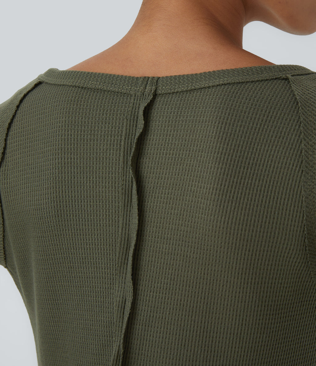 Boat Neck Raglan Sleeve Thumb Hole Split Hem Waffle Casual Sweatshirt Dress — Kalamata — view 4