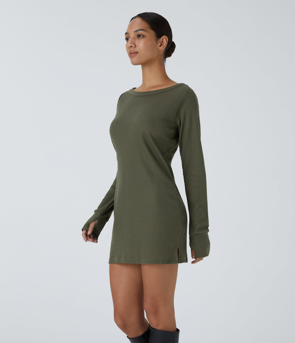 Boat Neck Raglan Sleeve Thumb Hole Split Hem Waffle Casual Sweatshirt Dress — Kalamata — view 1