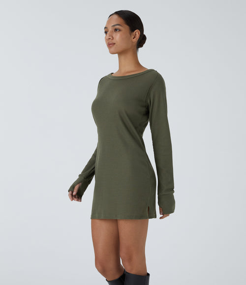 Boat Neck Raglan Sleeve Thumb Hole Split Hem Waffle Casual Sweatshirt Dress — Kalamata — view 1