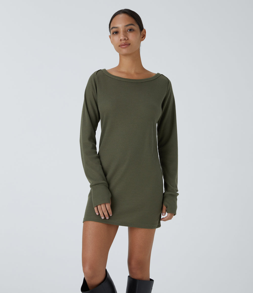 Boat Neck Raglan Sleeve Thumb Hole Split Hem Waffle Casual Sweatshirt Dress — Kalamata — view 3