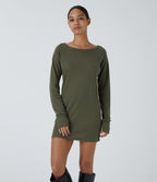 Boat Neck Raglan Sleeve Thumb Hole Split Hem Waffle Casual Sweatshirt Dress — Kalamata — view 3