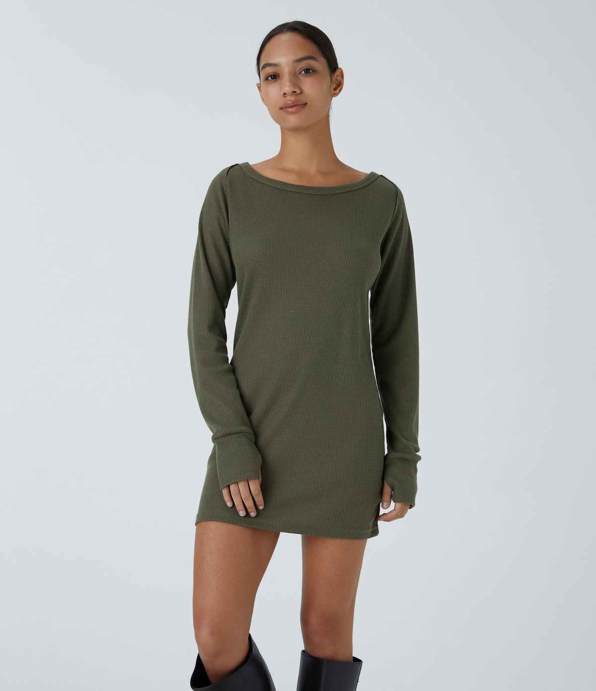 Boat Neck Raglan Sleeve Thumb Hole Split Hem Waffle Casual Sweatshirt Dress — Kalamata — view 3