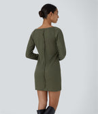 Boat Neck Raglan Sleeve Thumb Hole Split Hem Waffle Casual Sweatshirt Dress — Kalamata — view 2