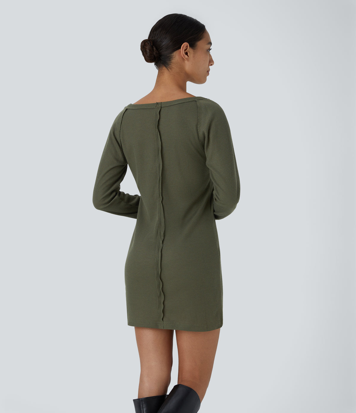 Boat Neck Raglan Sleeve Thumb Hole Split Hem Waffle Casual Sweatshirt Dress — Kalamata — view 2