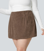 High Waisted Invisible Zipper 2-in-1 A Line Mini Corduroy Casual Plus Size Skirt — Acorn — view 3