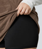 High Waisted Invisible Zipper 2-in-1 A Line Mini Corduroy Casual Plus Size Skirt — Acorn — view 5