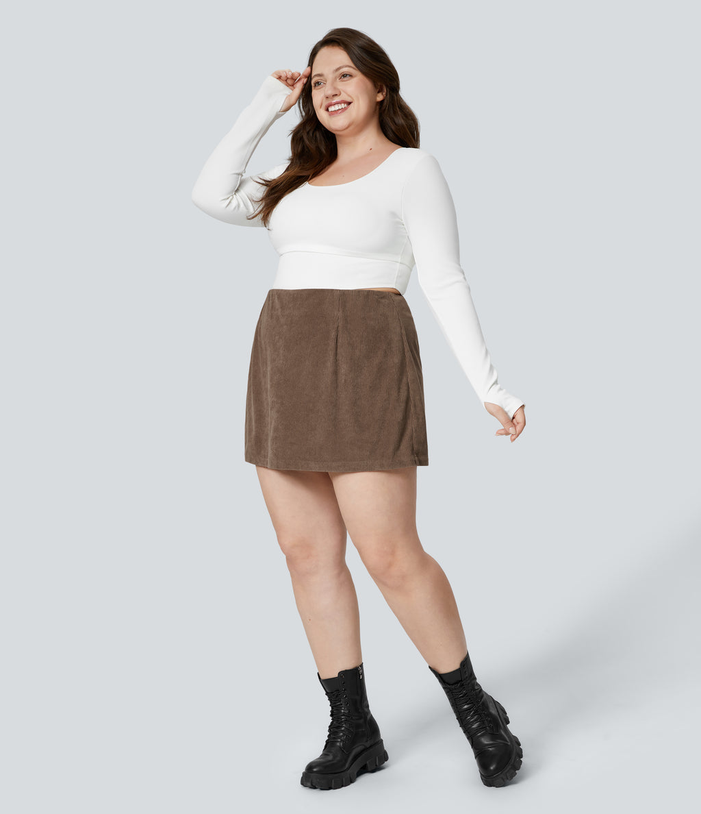 High Waisted Invisible Zipper 2-in-1 A Line Mini Corduroy Casual Plus Size Skirt — Acorn — view 6