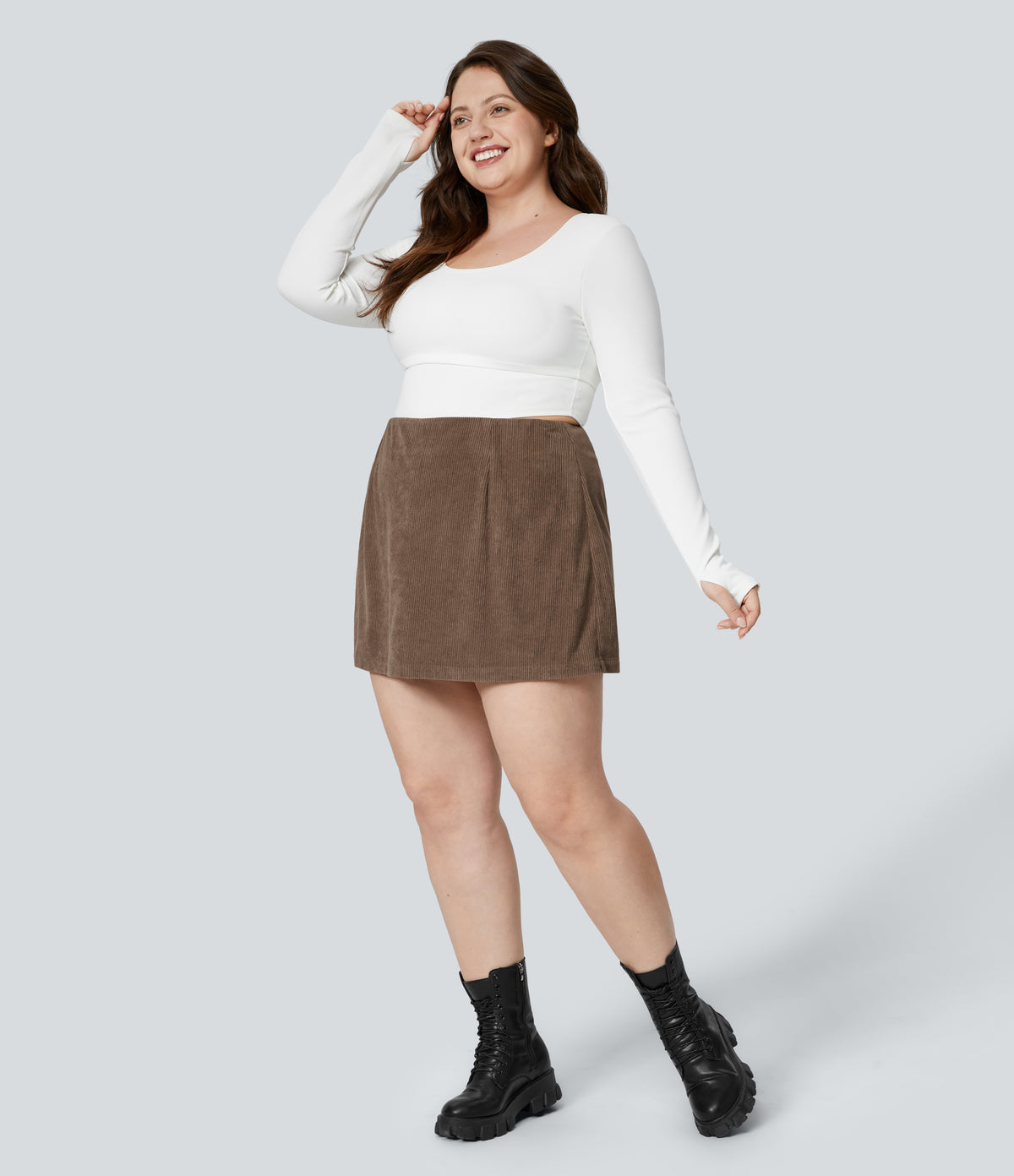 High Waisted Invisible Zipper 2-in-1 A Line Mini Corduroy Casual Plus Size Skirt — Acorn — view 6