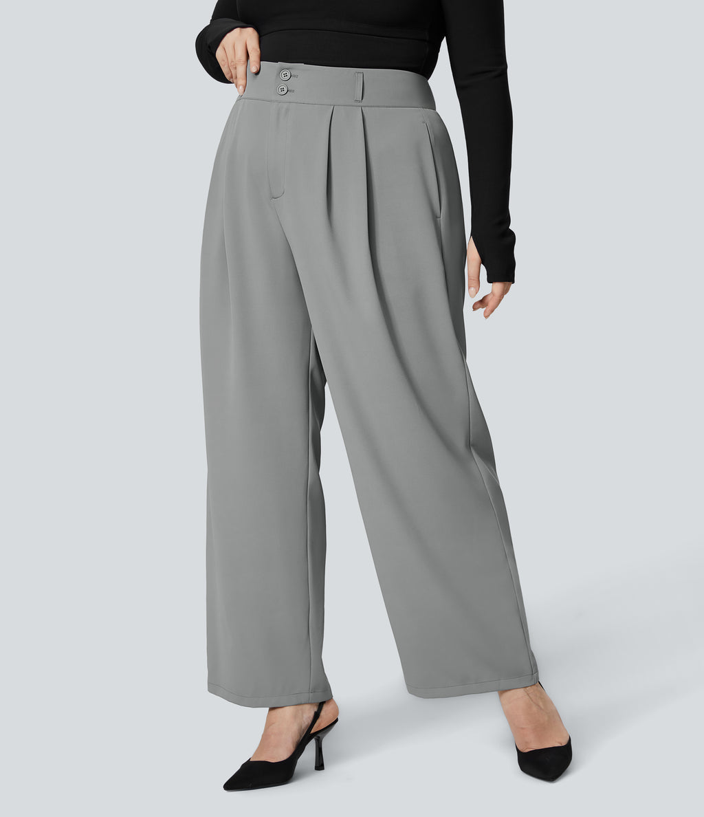 High Waisted Button Zipper Side Pocket Shirred Straight Leg Work Plus Size Trousers — Mockingbird — view 6