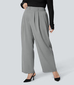 High Waisted Button Zipper Side Pocket Shirred Straight Leg Work Plus Size Trousers — Mockingbird — view 6