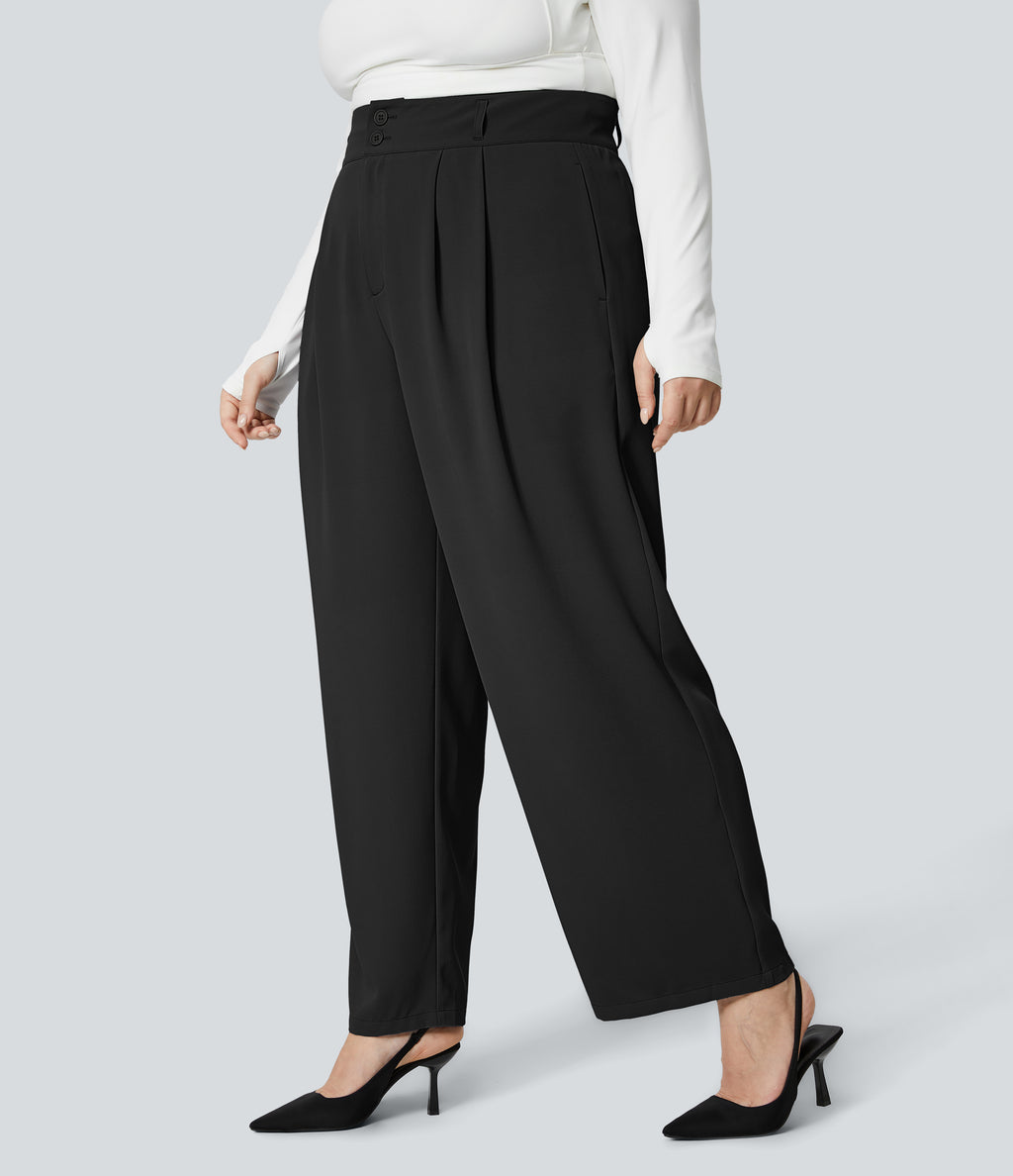 High Waisted Button Zipper Side Pocket Shirred Straight Leg Work Plus Size Trousers — Black — view 1