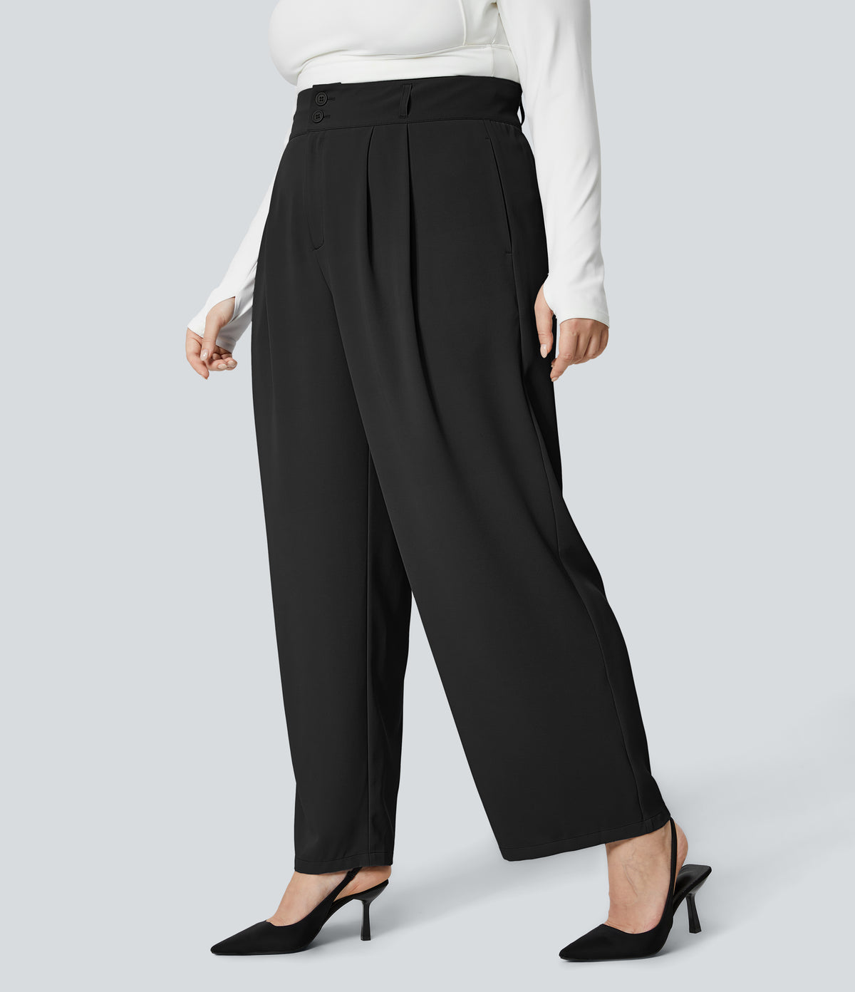 High Waisted Button Zipper Side Pocket Shirred Straight Leg Work Plus Size Trousers — Black — view 1