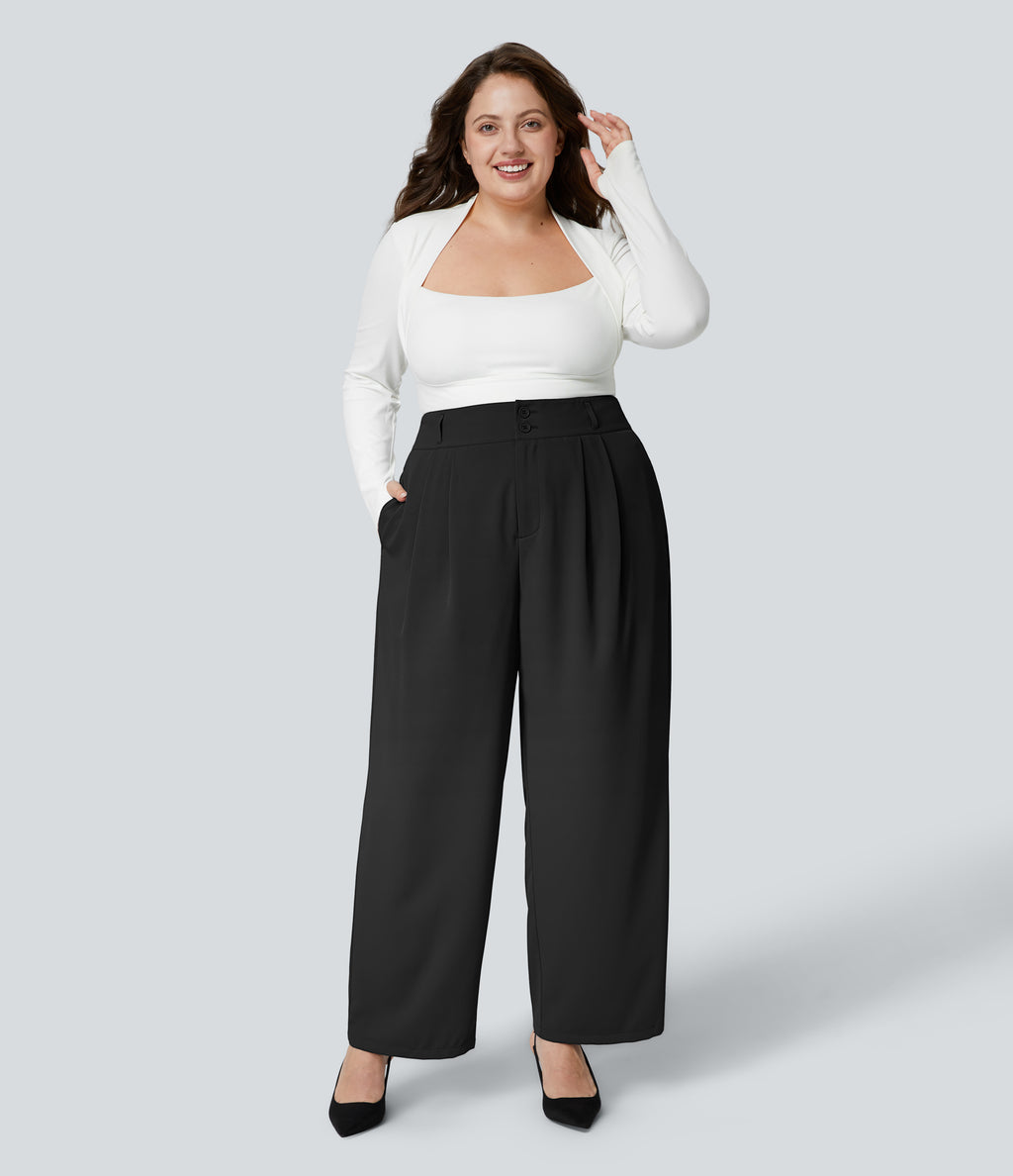 High Waisted Button Zipper Side Pocket Shirred Straight Leg Work Plus Size Trousers — Black — view 4