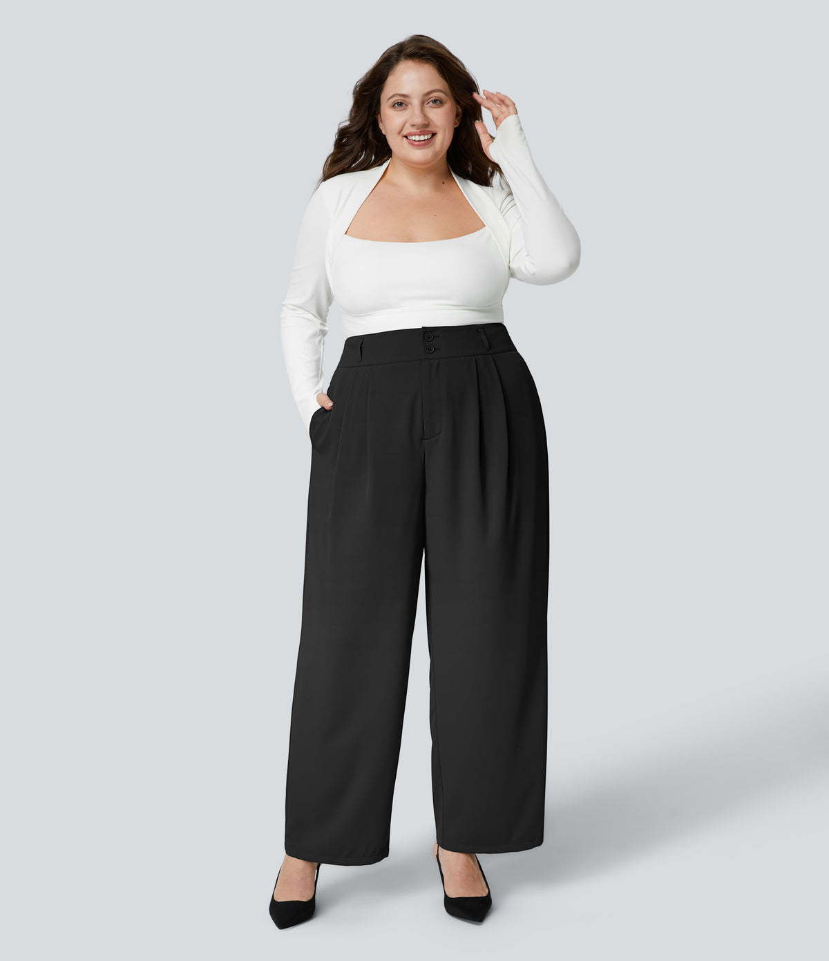 High Waisted Button Zipper Side Pocket Shirred Straight Leg Work Plus Size Trousers — Black — view 4