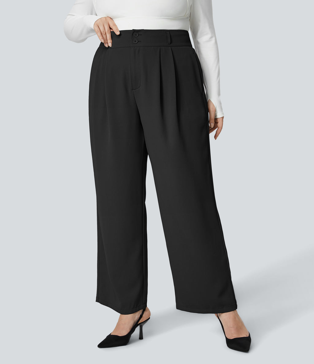 High Waisted Button Zipper Side Pocket Shirred Straight Leg Work Plus Size Trousers — Black — view 3