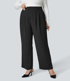 High Waisted Button Zipper Side Pocket Shirred Straight Leg Work Plus Size Trousers — Black — view 3